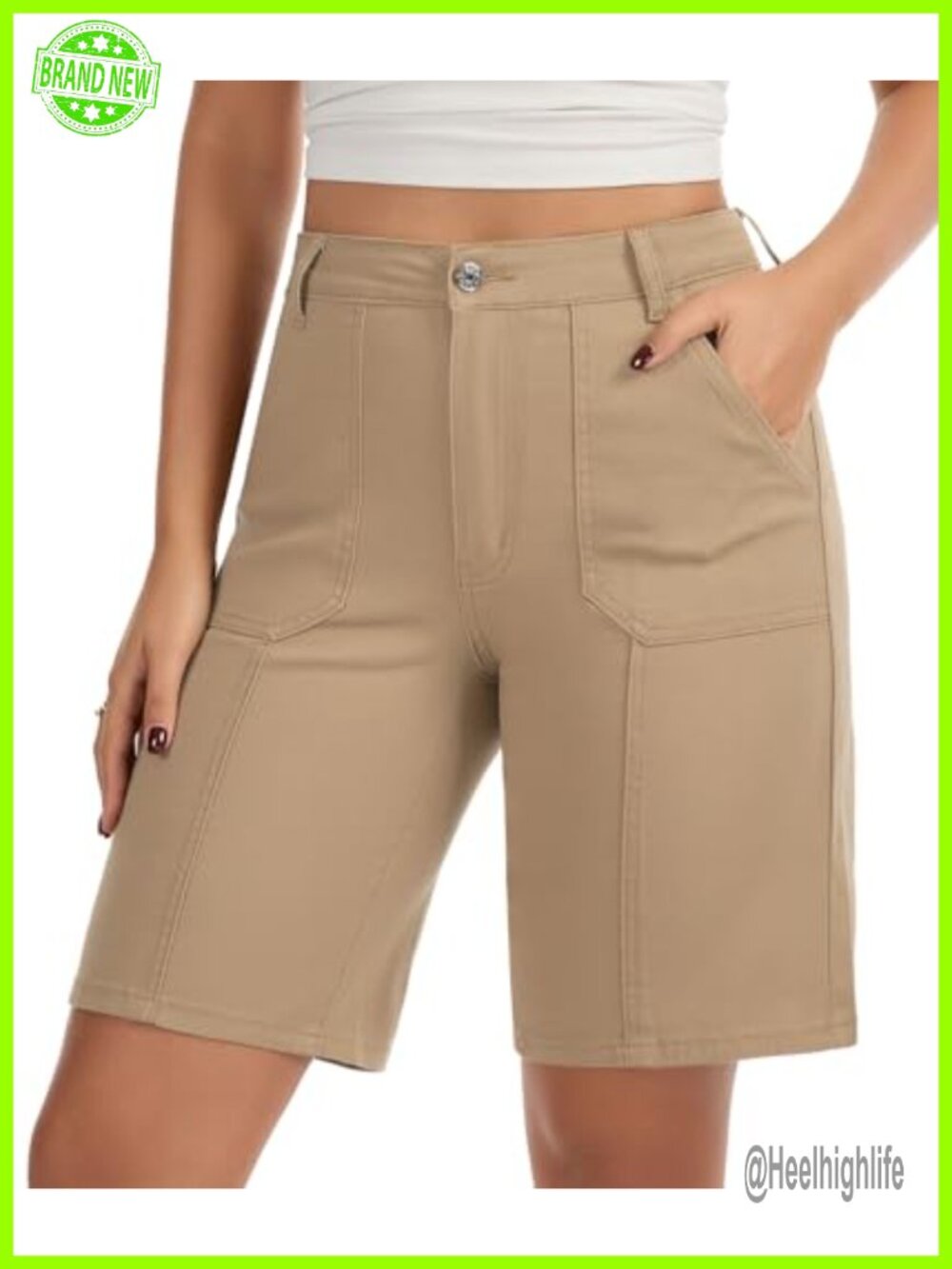 High Waisted Bermuda Shorts Straight Leg Stretchy Twill Casual